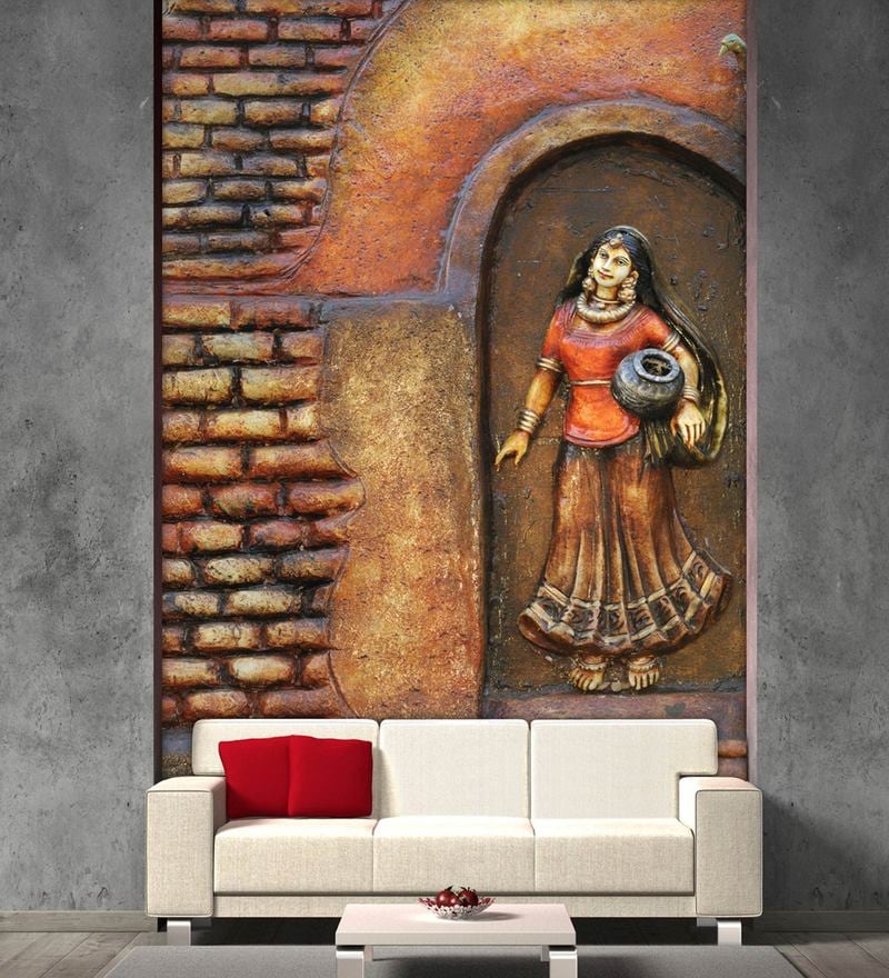 Buy brown non wooven paper d red bricks and village women mural wallpaper by store online