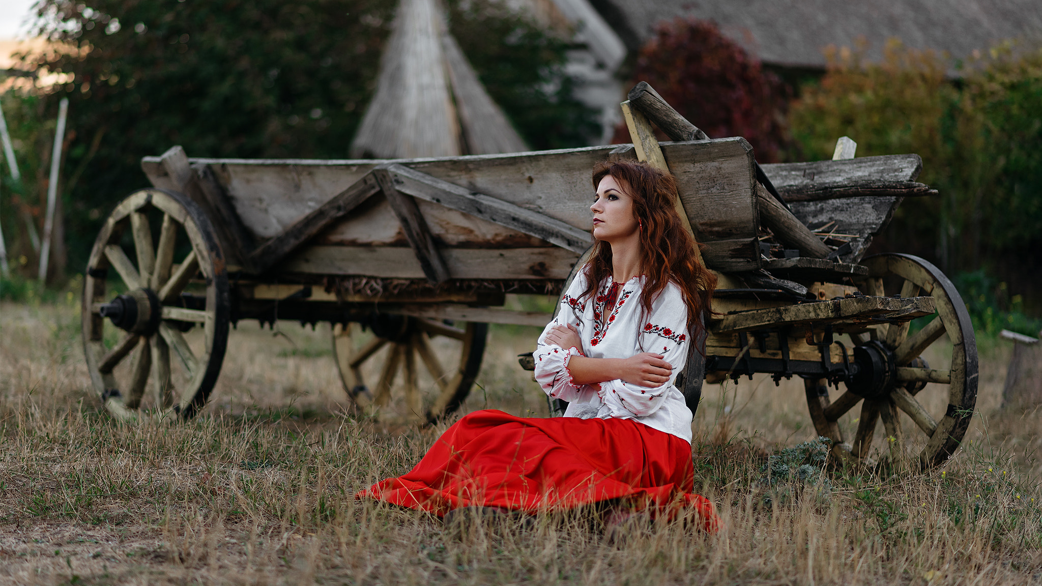 Wallpaper model women outdoors sitting wavy hair redhead country girls village depth of field skirt x