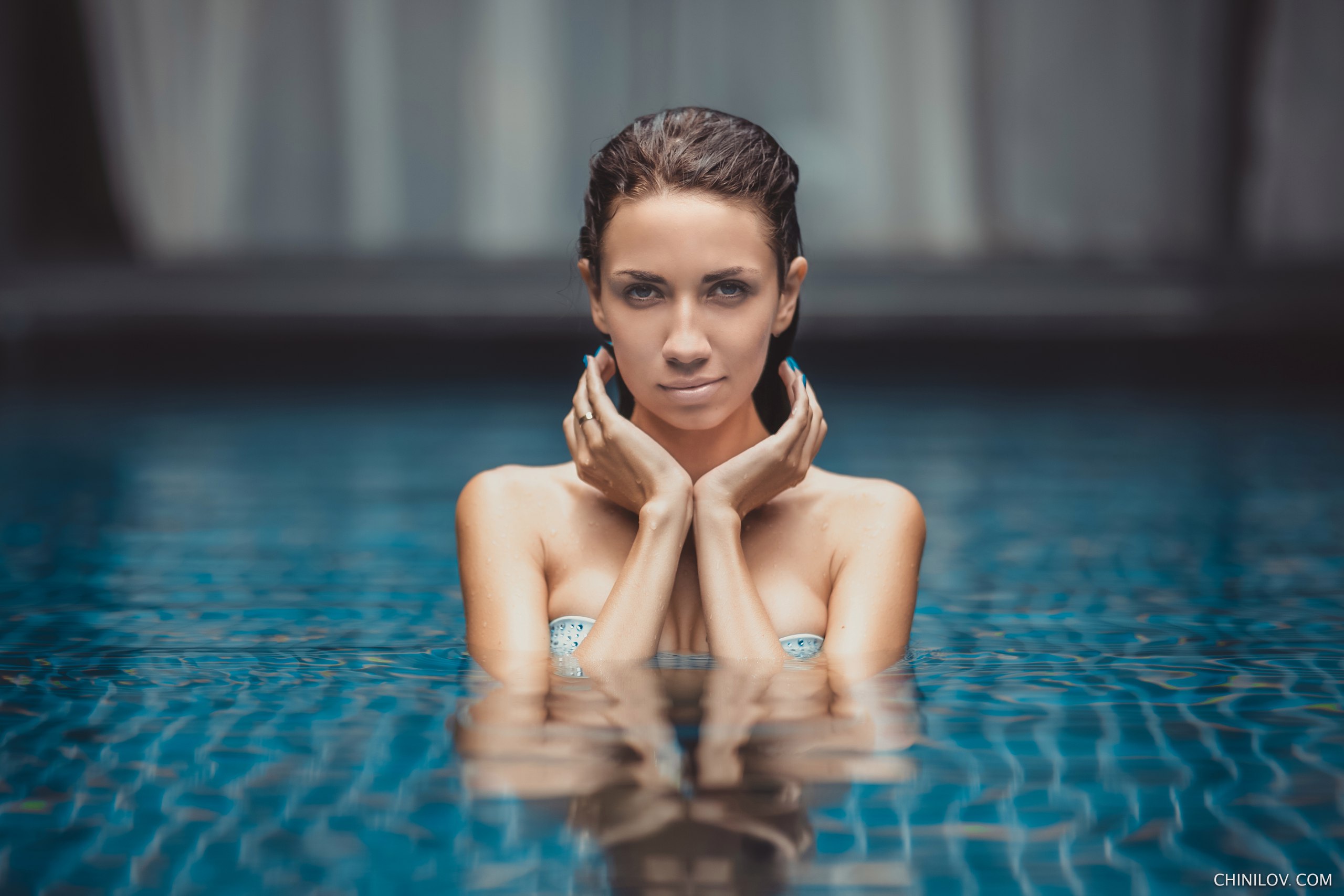 Wallpaper women portrait tanned swimming pool wet body wet hair bikini top depth of field x