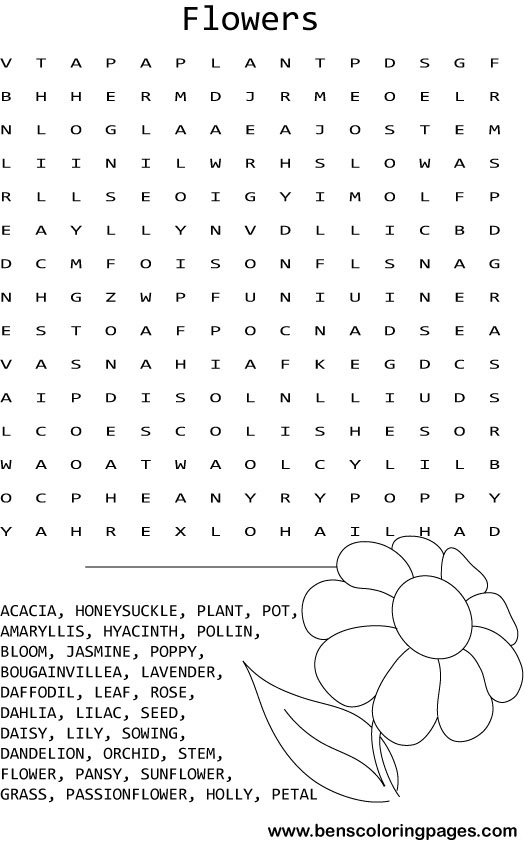 Flowers word search coloring page