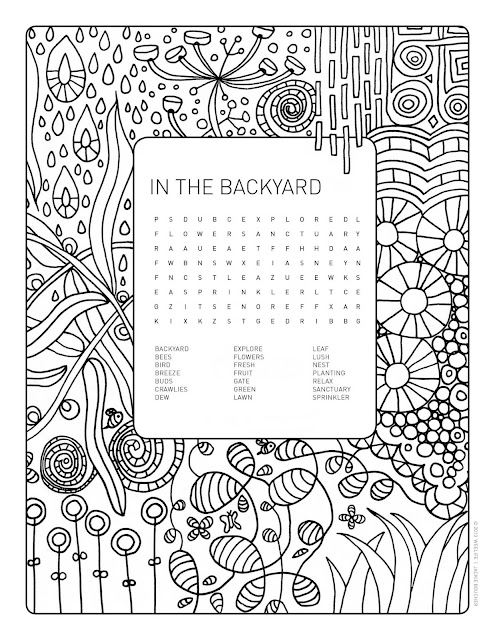 Word search colouring page in the backyard