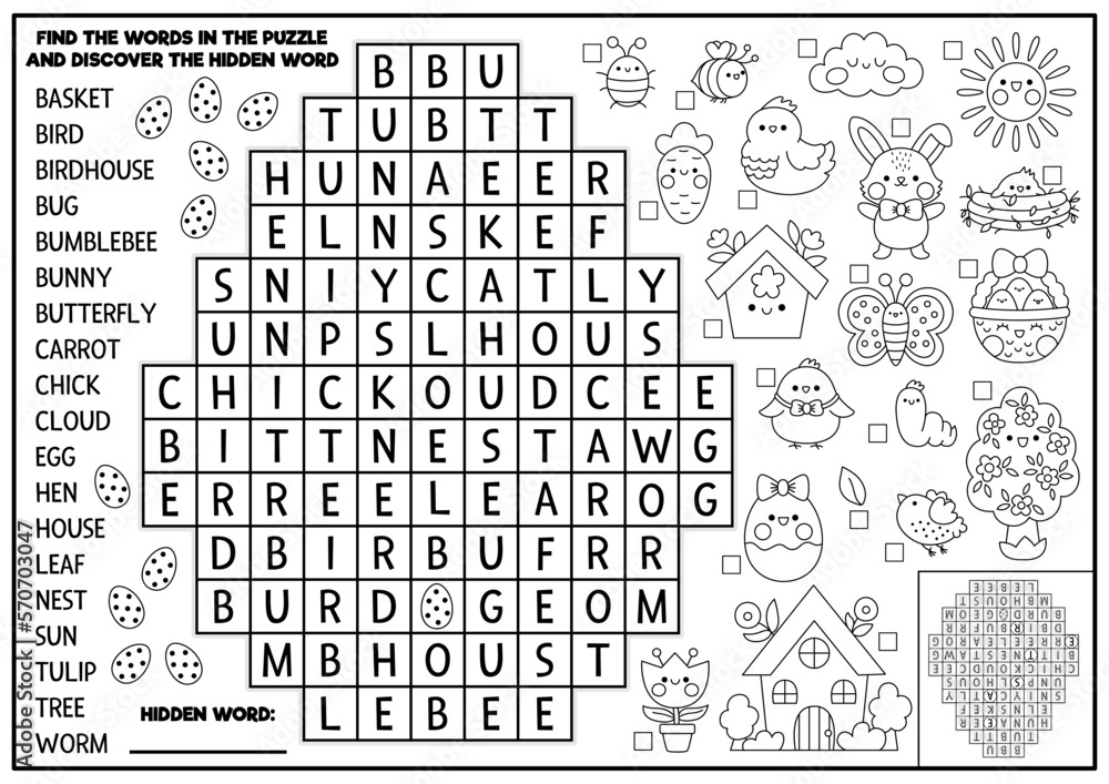 Vector black and white easter egg shaped word search puzzle for kids spring holiday quiz for children coloring page with kawaii symbols cute english language cross word with bunny chick flower
