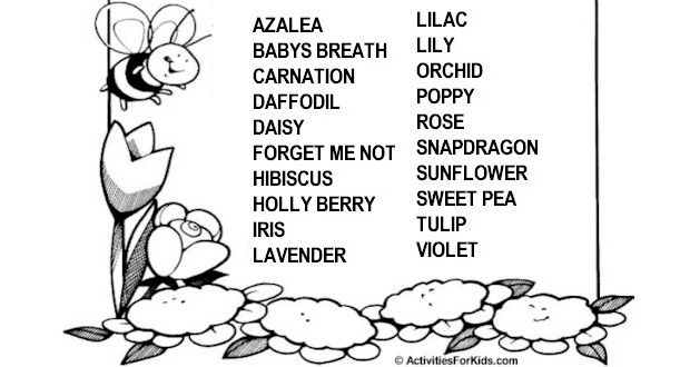 Flower names word search printable for kids