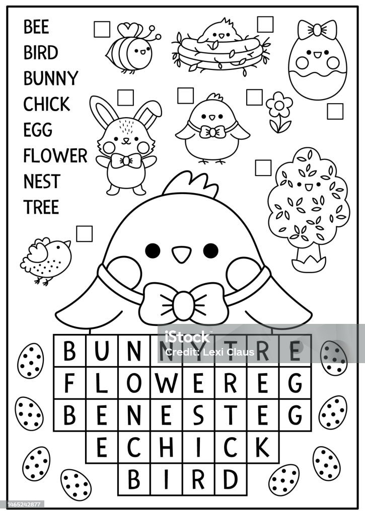 Vector black and white kawaii easter egg shaped word search puzzle for kids spring holiday quiz educational activity or coloring page cute cross word with hatching chick bunny stock illustration