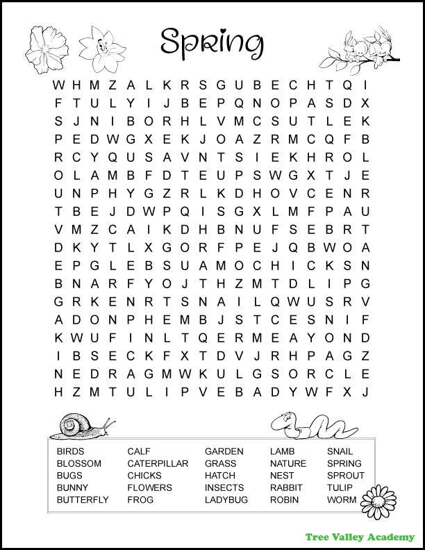 Difficult spring word search puzzle for kids