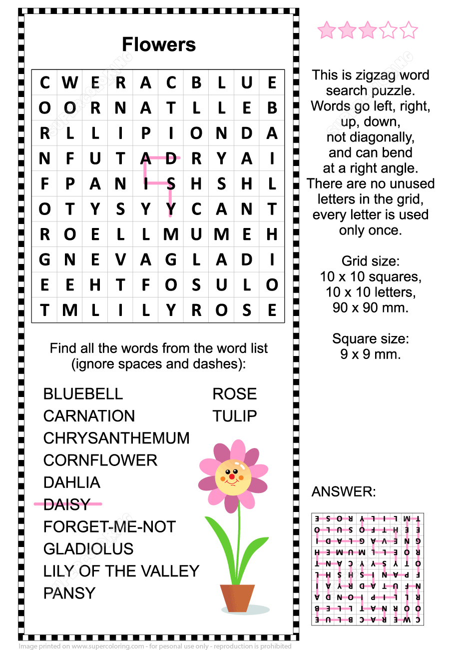 Flowers zigzag word search puzzle free printable puzzle games