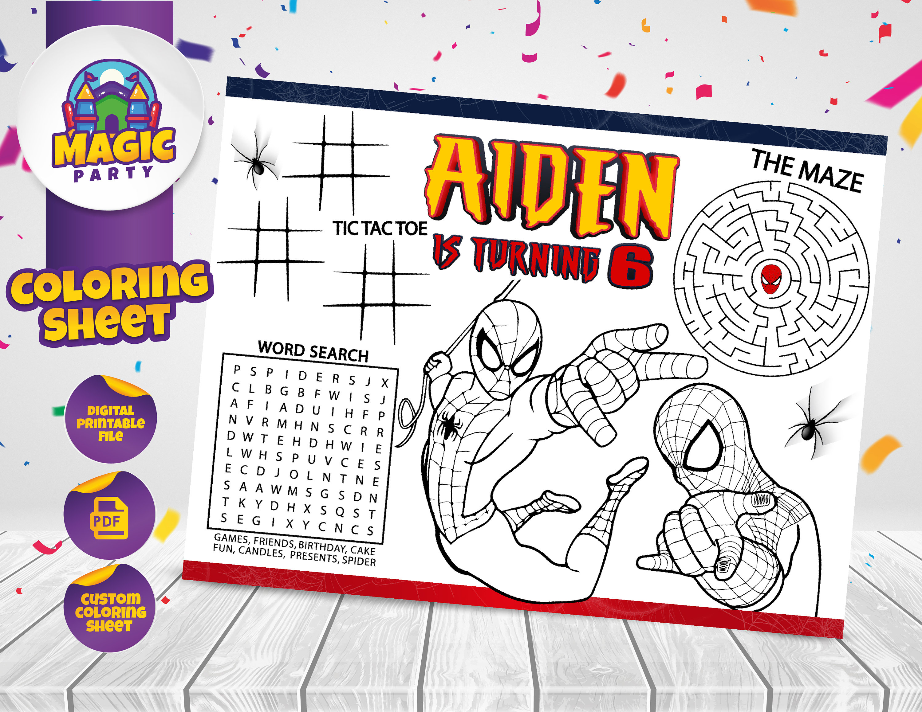 Spiderman coloring sheet party activity birthday printable personalized not instant download digital file