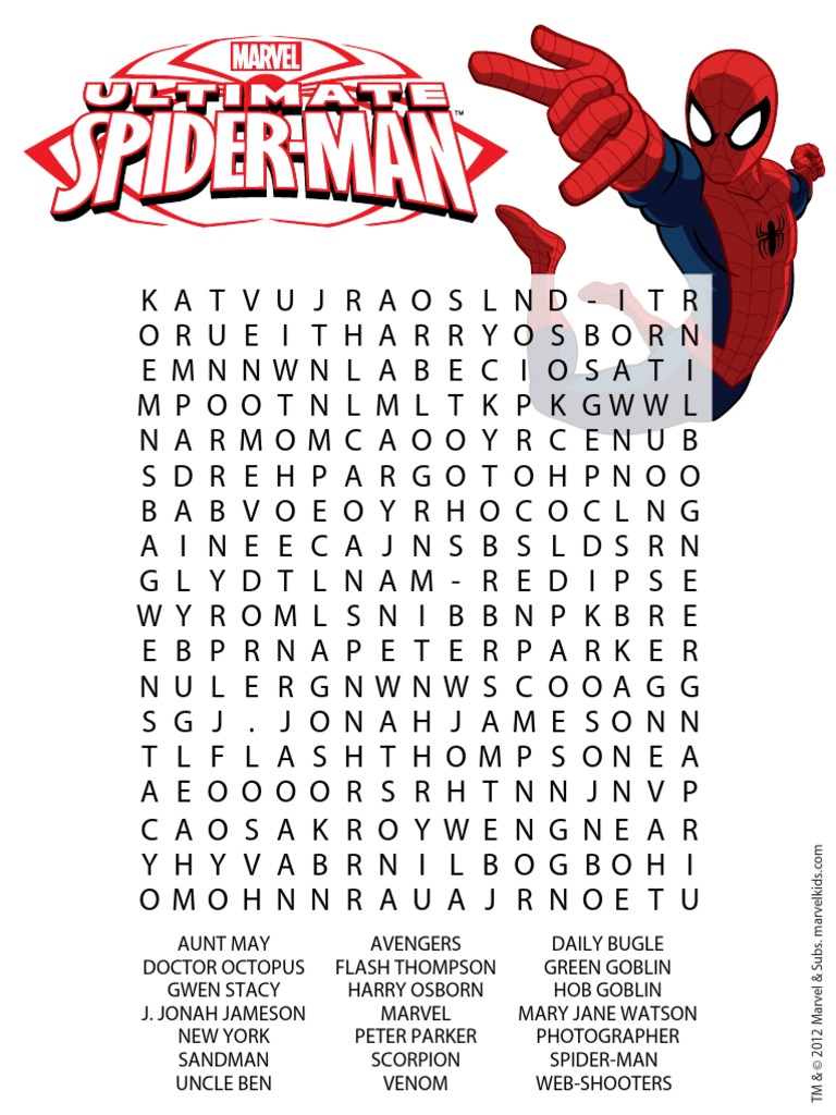 Spiderman word search pdf spider man marvel ics characters