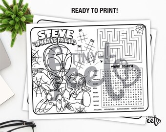 Spidey and his amazing friends activity placemat custom name spiderman birthday game birthday party coloring page spidey party favors