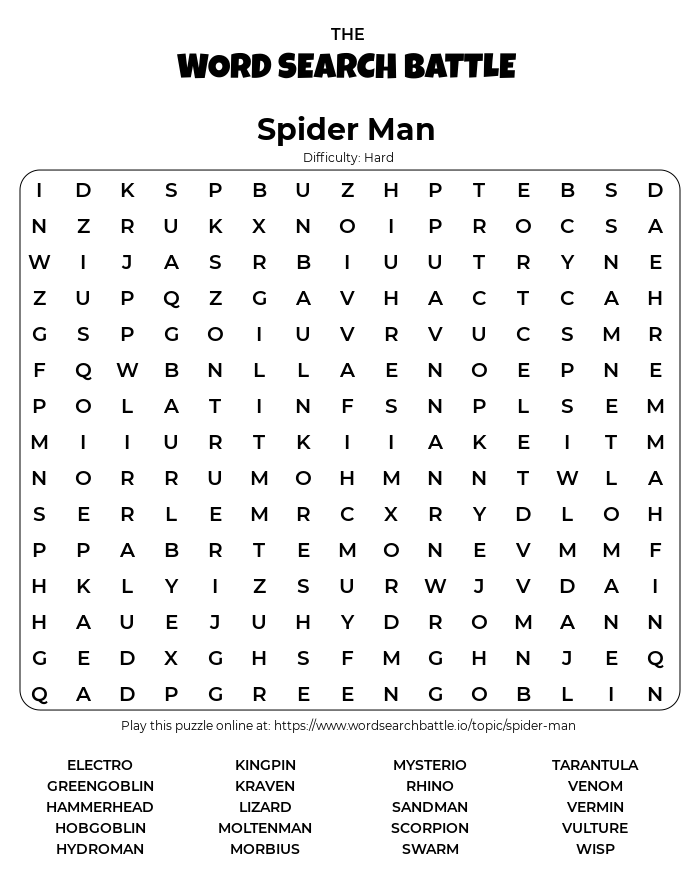 Printable spider man word search