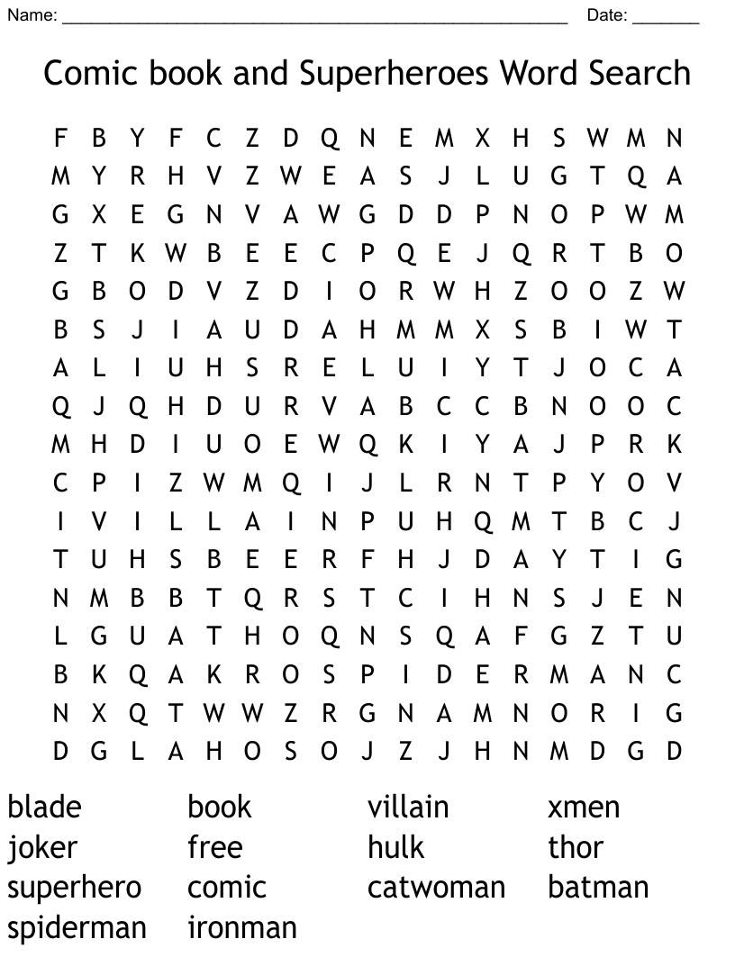 Ic book and superheroes word search