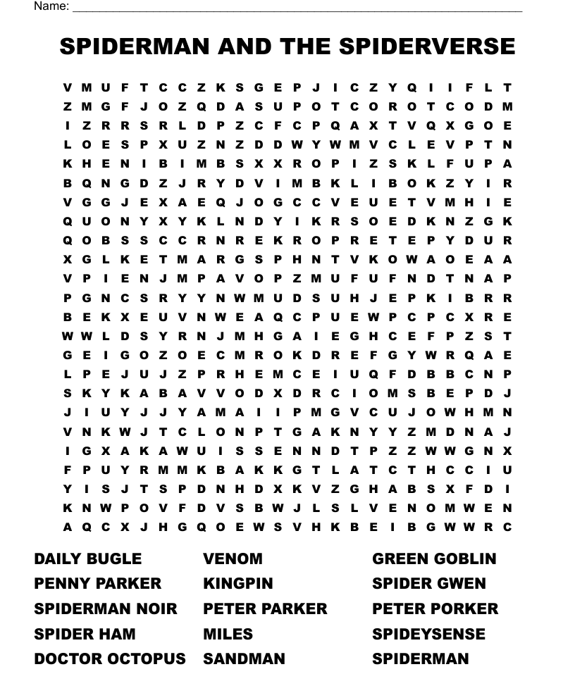 Spiderman and the spiderverse word search