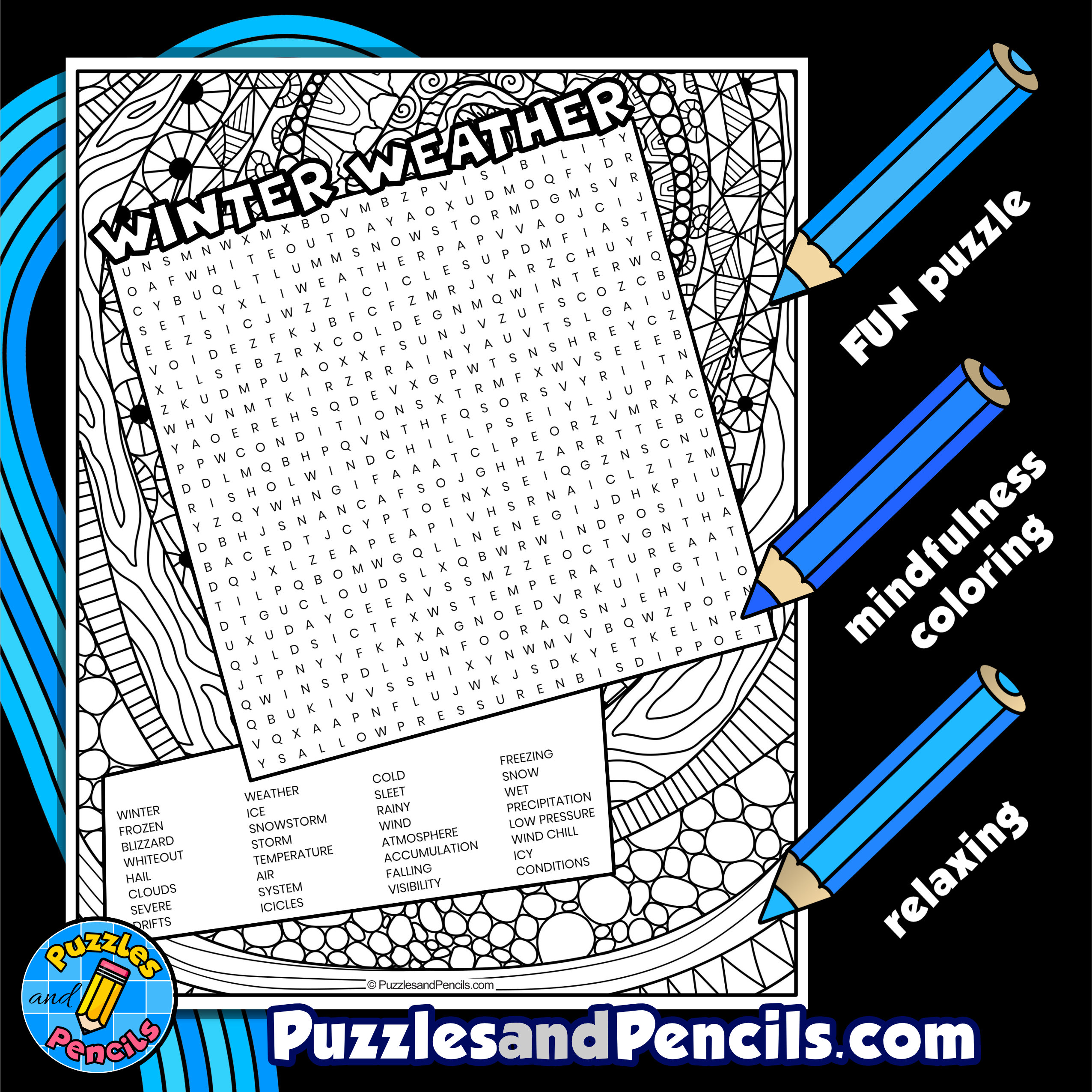 Winter weather word search puzzle activity page with coloring seasons made by teachers