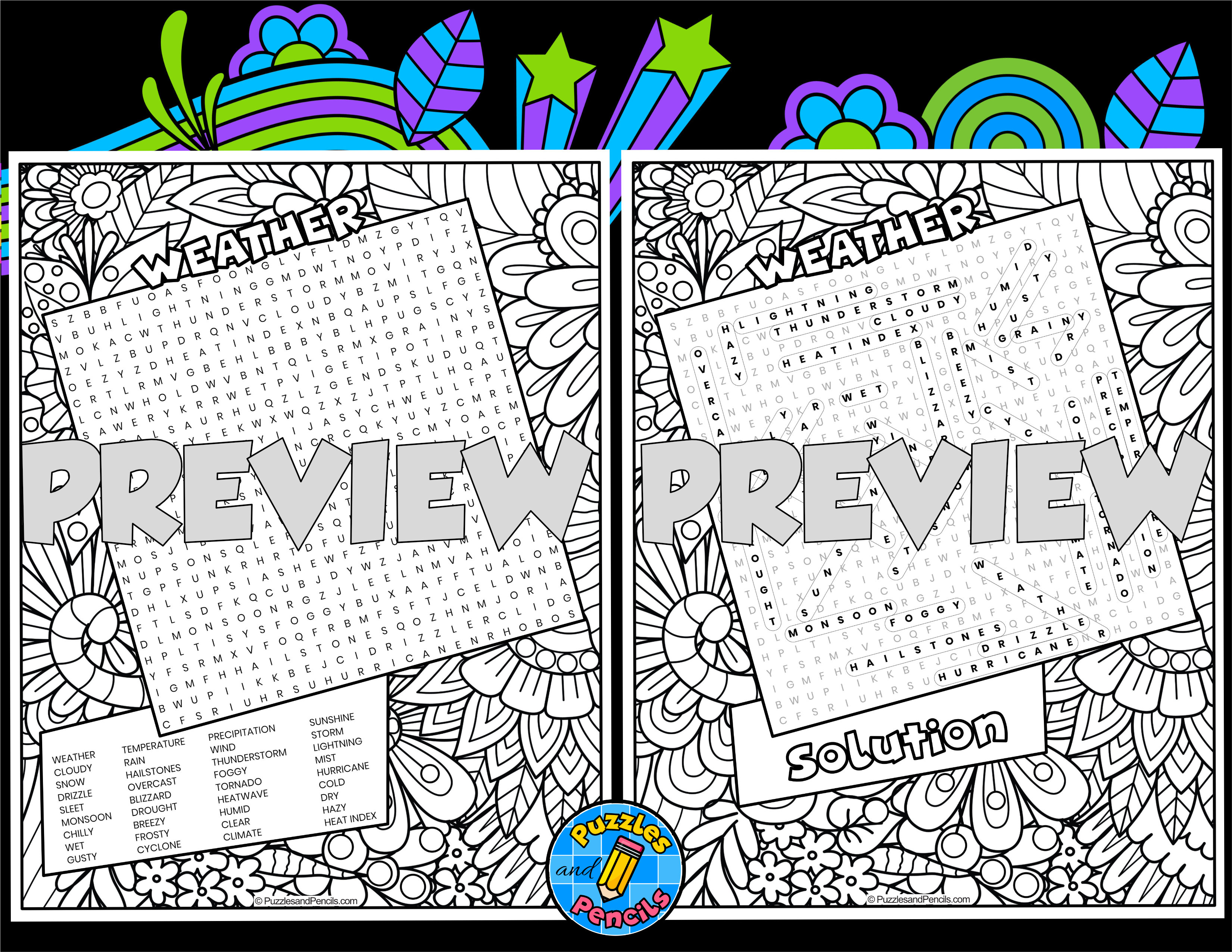 Weather word search puzzle activity page with colouring teaching resources