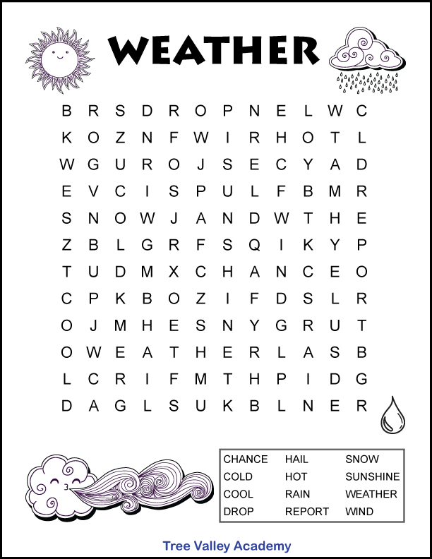 Easy weather word search for kids