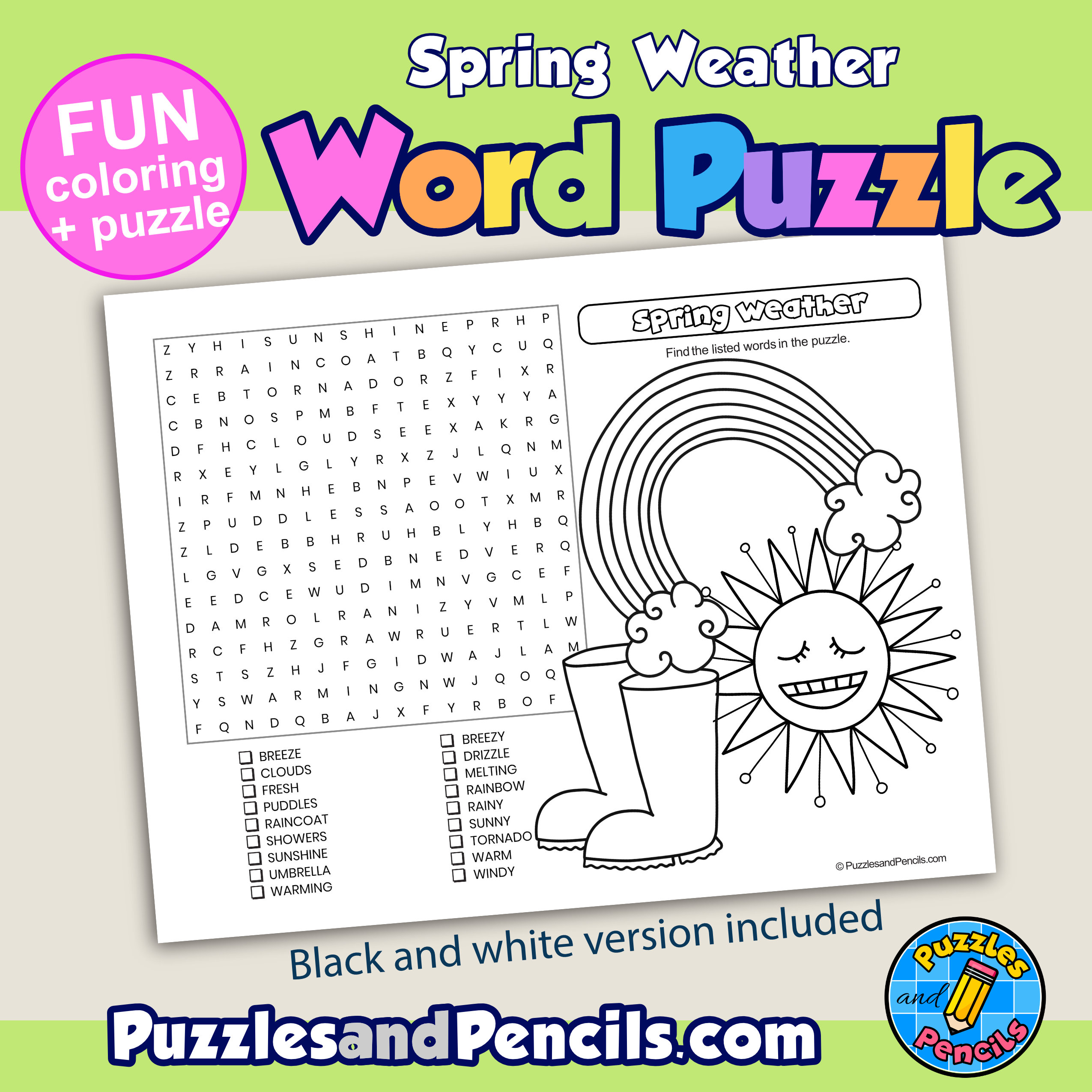 Spring weather word search puzzle activity page and coloring spring wordsearch made by teachers