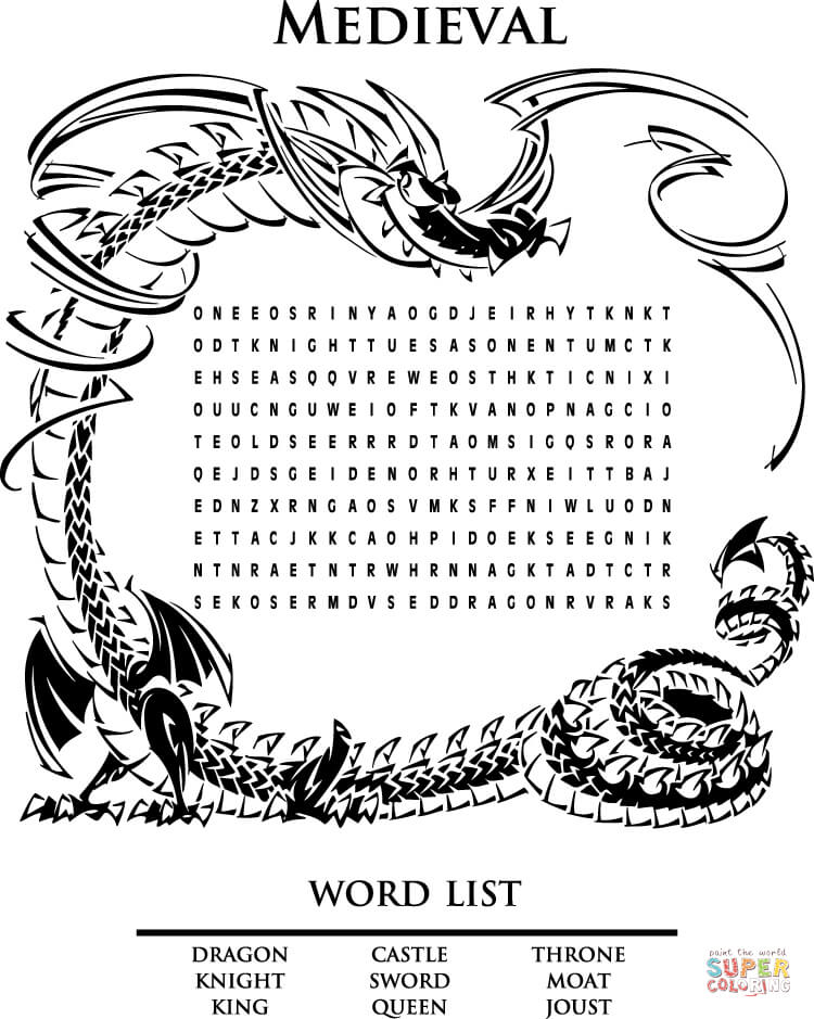 Medieval word search puzzle learn english coloring page free printable coloring pages