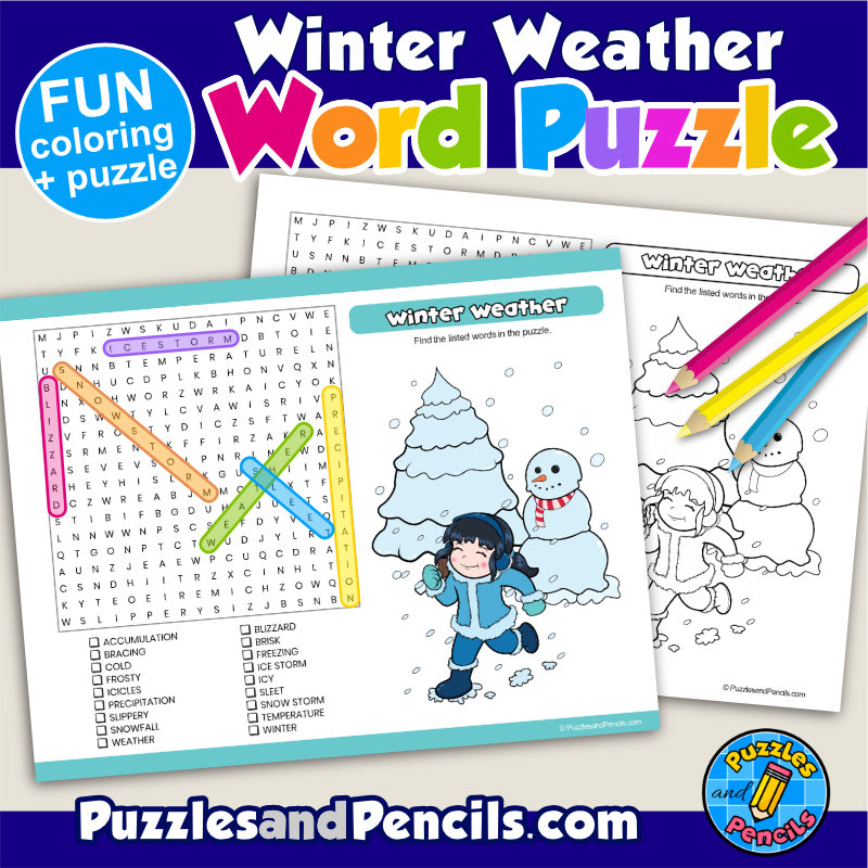 Winter weather word search puzzle activity page with coloring wordsearch made by teachers