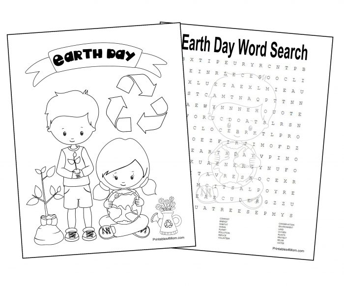 Earth day coloring page and word search