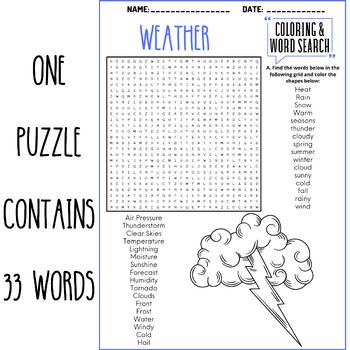 Weather coloring word search puzzle worksheets activities tpt
