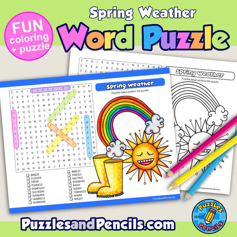 Spring weather word search puzzle activity page and coloring spring wordsearch made by teachers