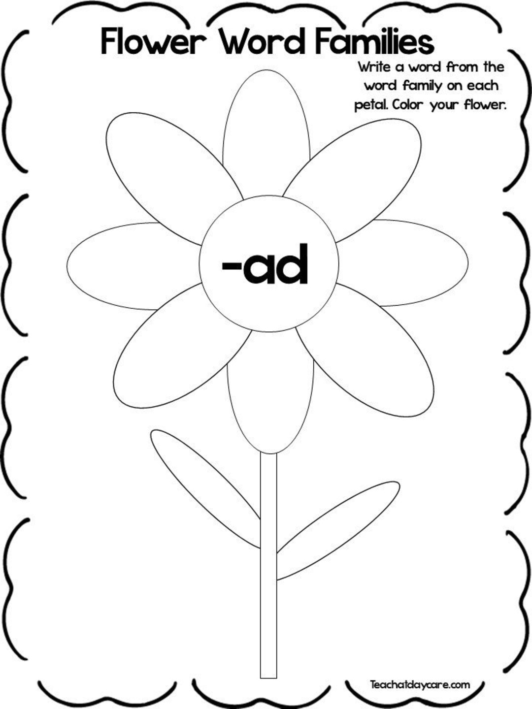 Printable flower word families worksheets preschool phonics activity instant download
