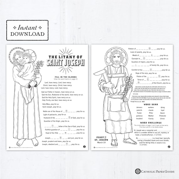 The litany of saint joseph catholic coloring pages and word game catholic saints printable coloring pages digital pdf