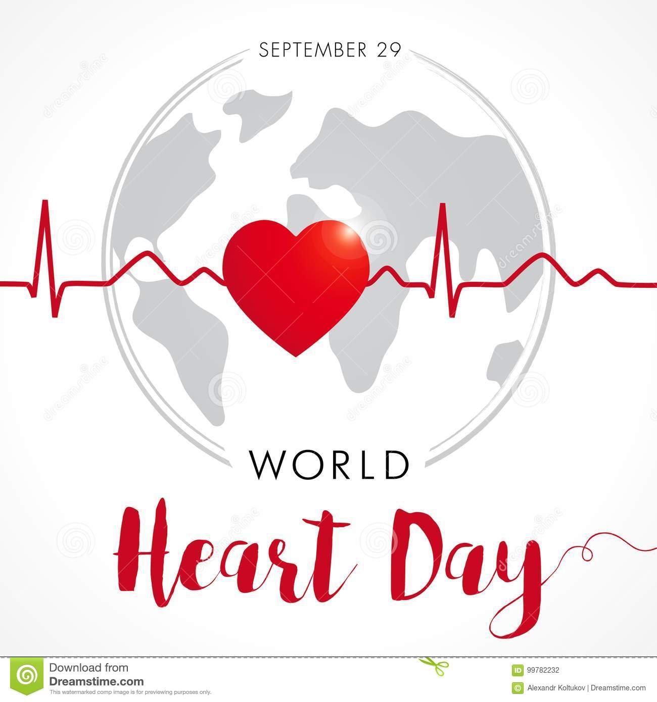 World heart day card heart and cardio pulse trace on globe stock vector