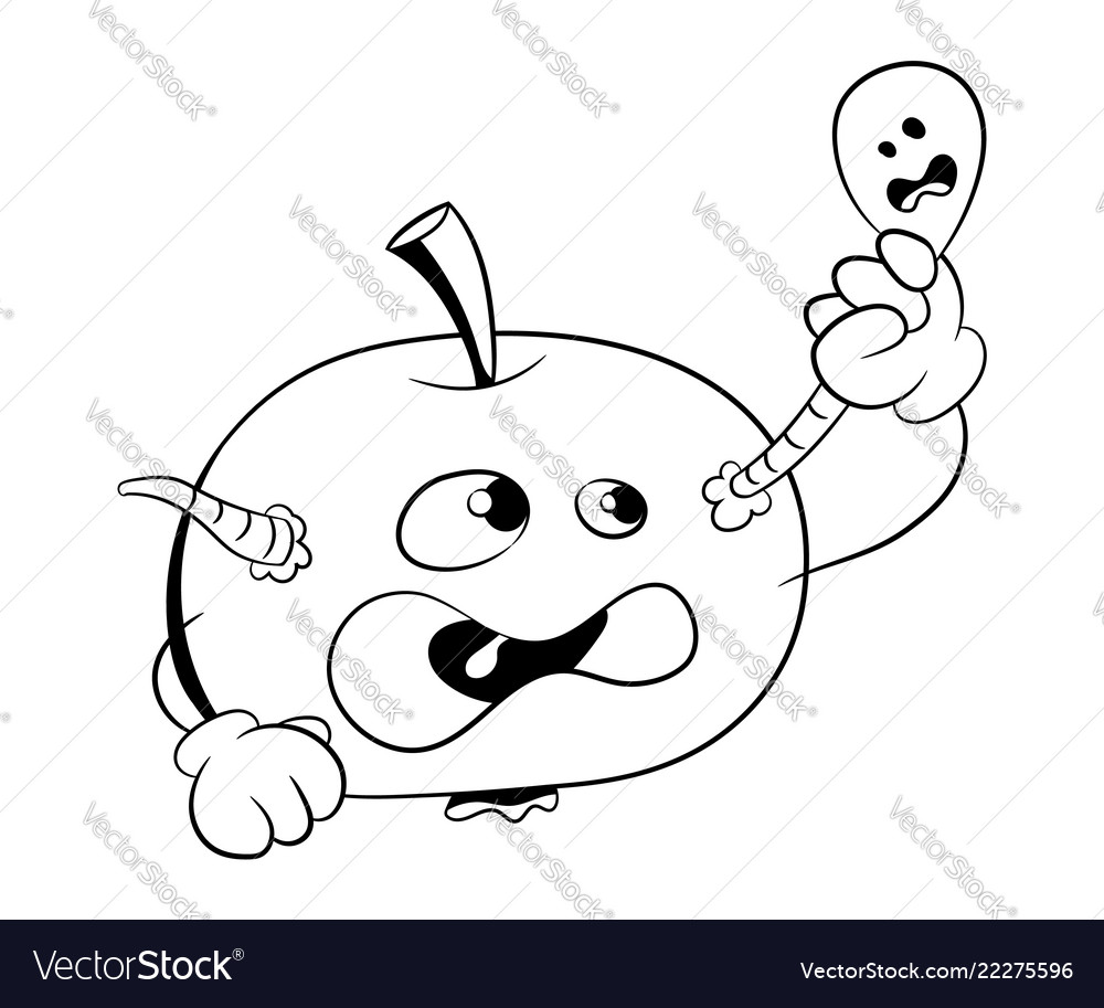 Apple with worm silhouette coloring book template vector image
