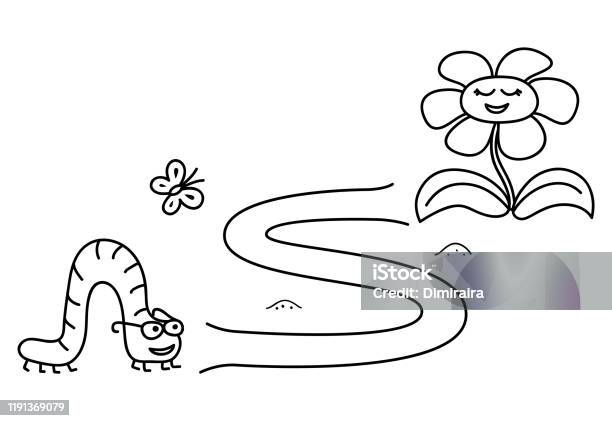 Black coloring pages with maze cartoon caterpillar and flower kids education art game template design with pet on white background outline vector stock illustration