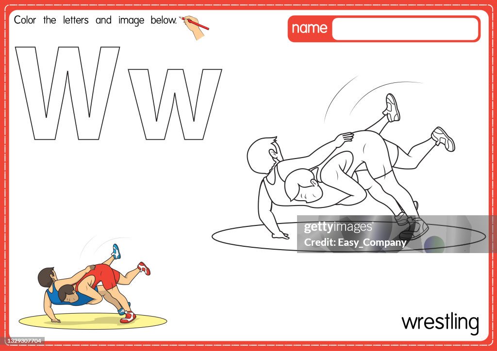 Vector illustration of kids alphabet coloring book page with outlined clip art to color letter w for wrestling high