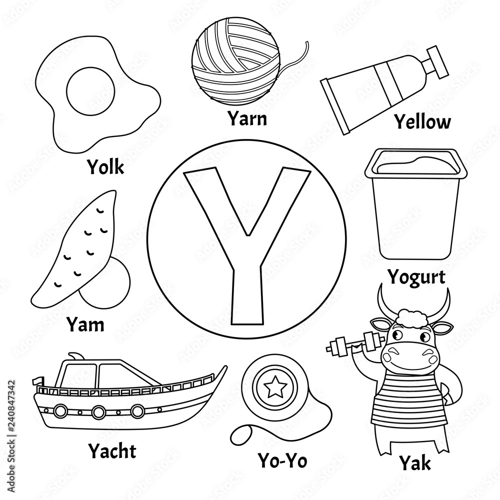 Vector cute kids animal alphabet letter y set of cute cartoon illustrations coloring page vector