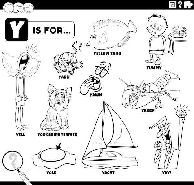 Premium vector letter y words educational cartoon set coloring page
