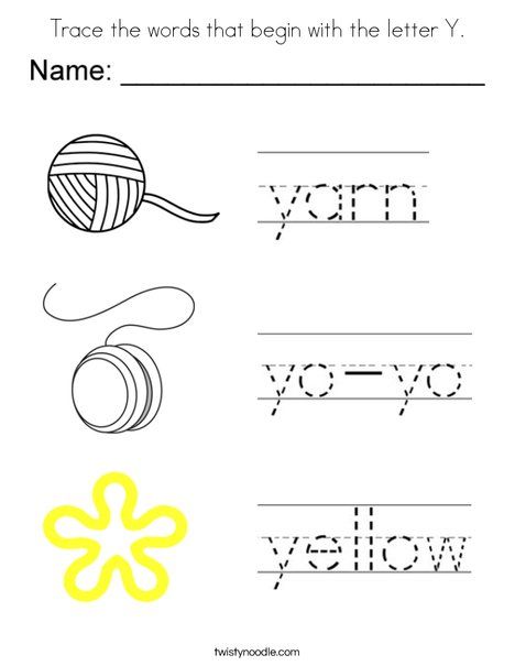 Trace the words that begin with the letter y coloring page froâ handwriting worksheets for kids english worksheets for kindergarten tracing worksheets preschool