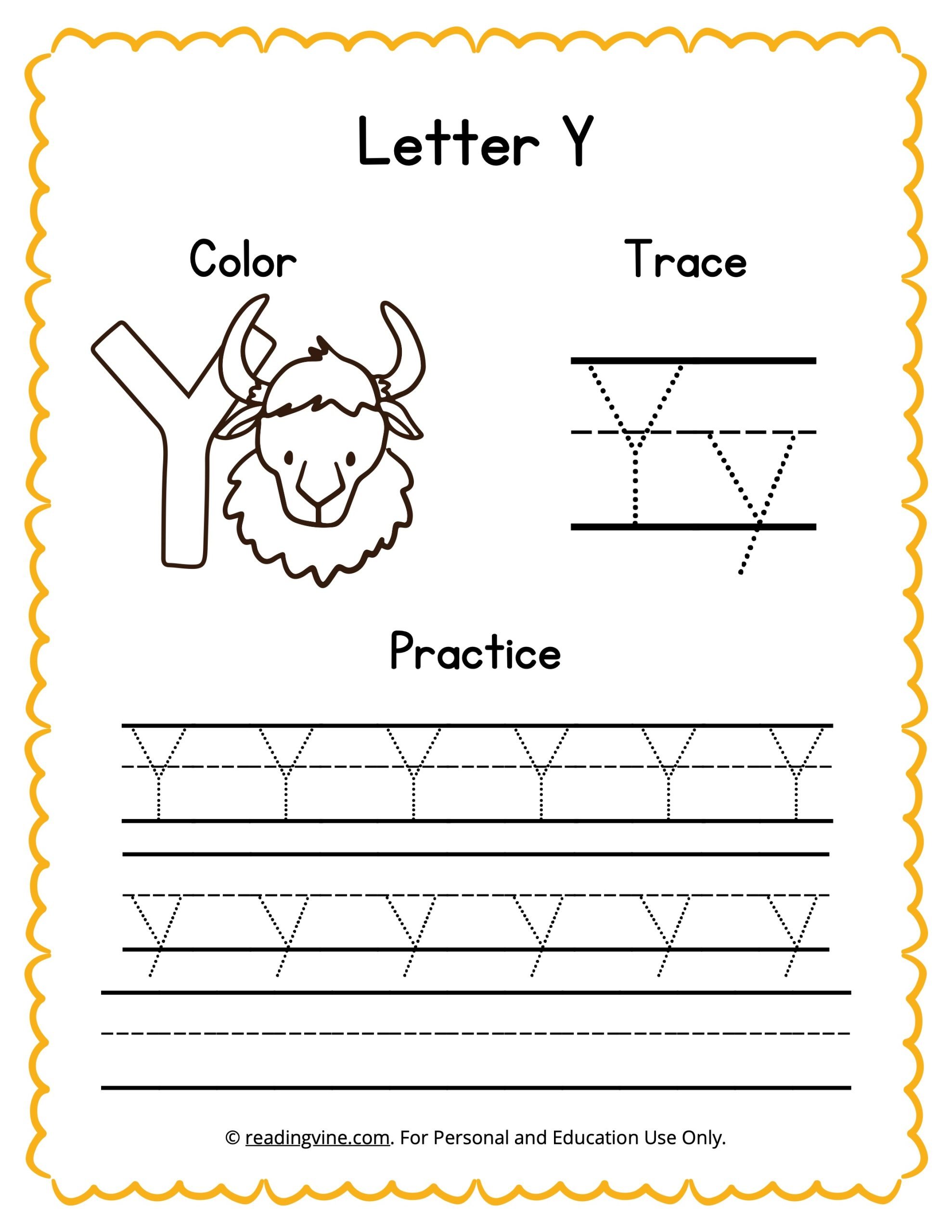 Color trace and write the letter y worksheet
