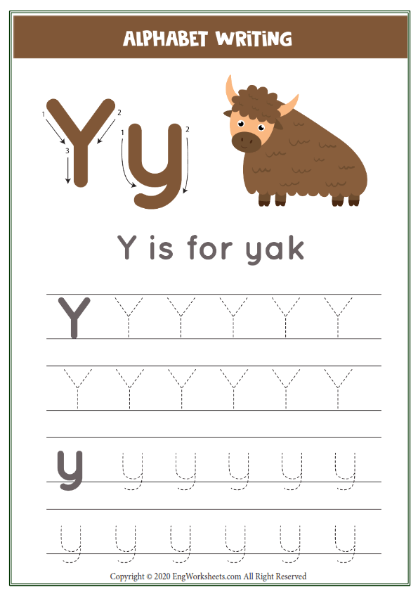 Letter y alphabet tracing worksheet with animal illustration