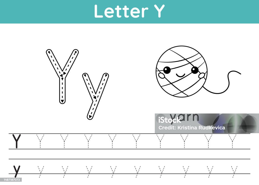 Alphabet abc az exercise coloring page trace letter y vocabulary for coloring book kawaii ball of yarn printable activity worksheet for kids educational game vector illustration stock illustration