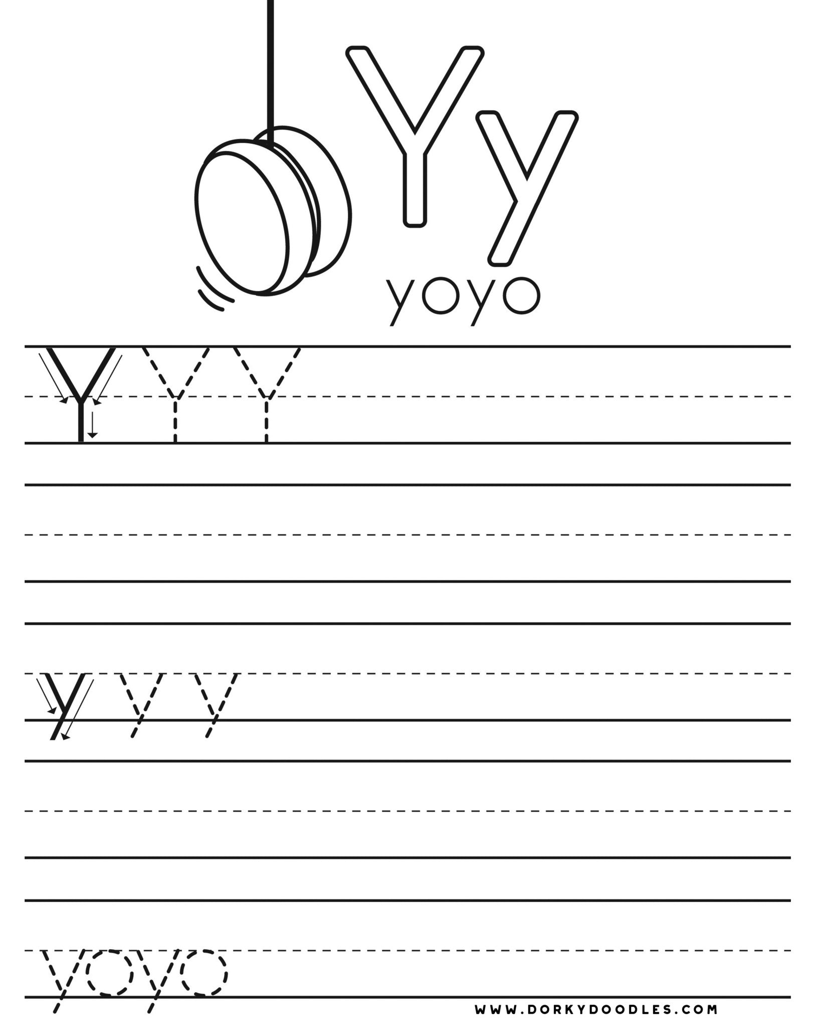 Letter y writing practice and coloring page printables â dorky doodles