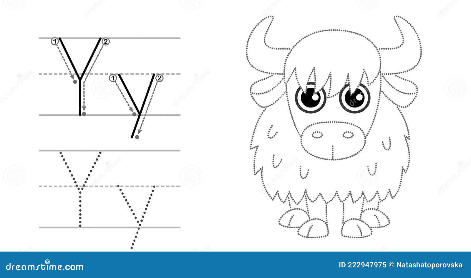 Trace the letter and picture and color it educational children tracing game coloring alphabet letter y and funny yak stock vector
