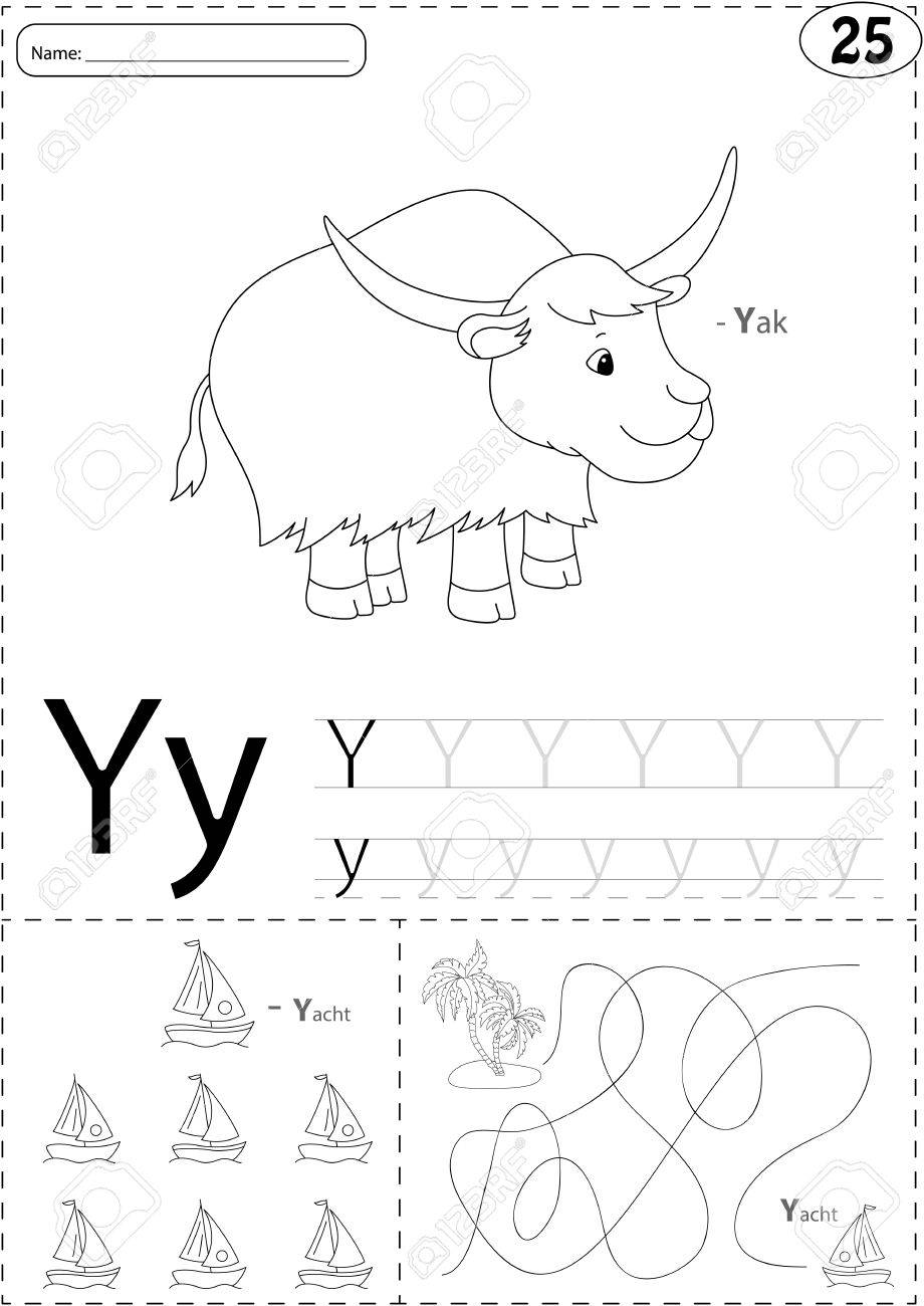 Cartoon yak and yacht alphabet tracing worksheet writing a