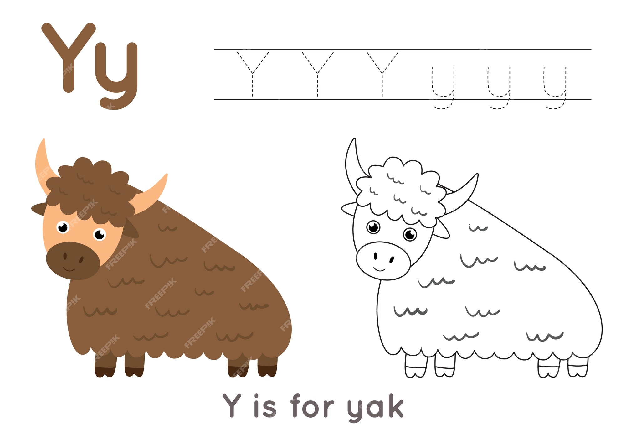 Premium vector alphabet coloring page for kids basic writing activity tracing abc letters worksheet letter y with cute cartoon yak