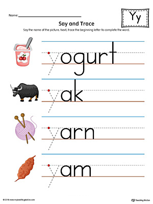 Say and trace letter y beginning sound words worksheet color