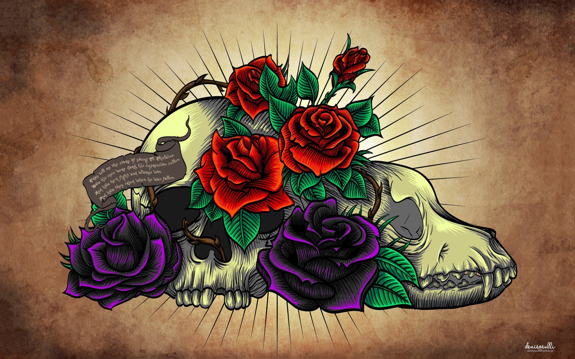 Wallpaper x px artwork flowers grunge leaves roses scrolls skulls text thorns x