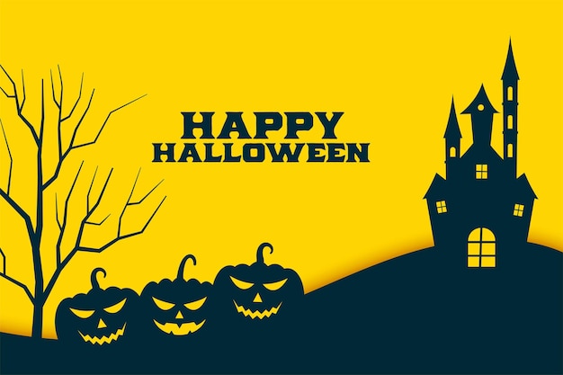 Free vector flat happy halloween yellow background with pumpkin and castle