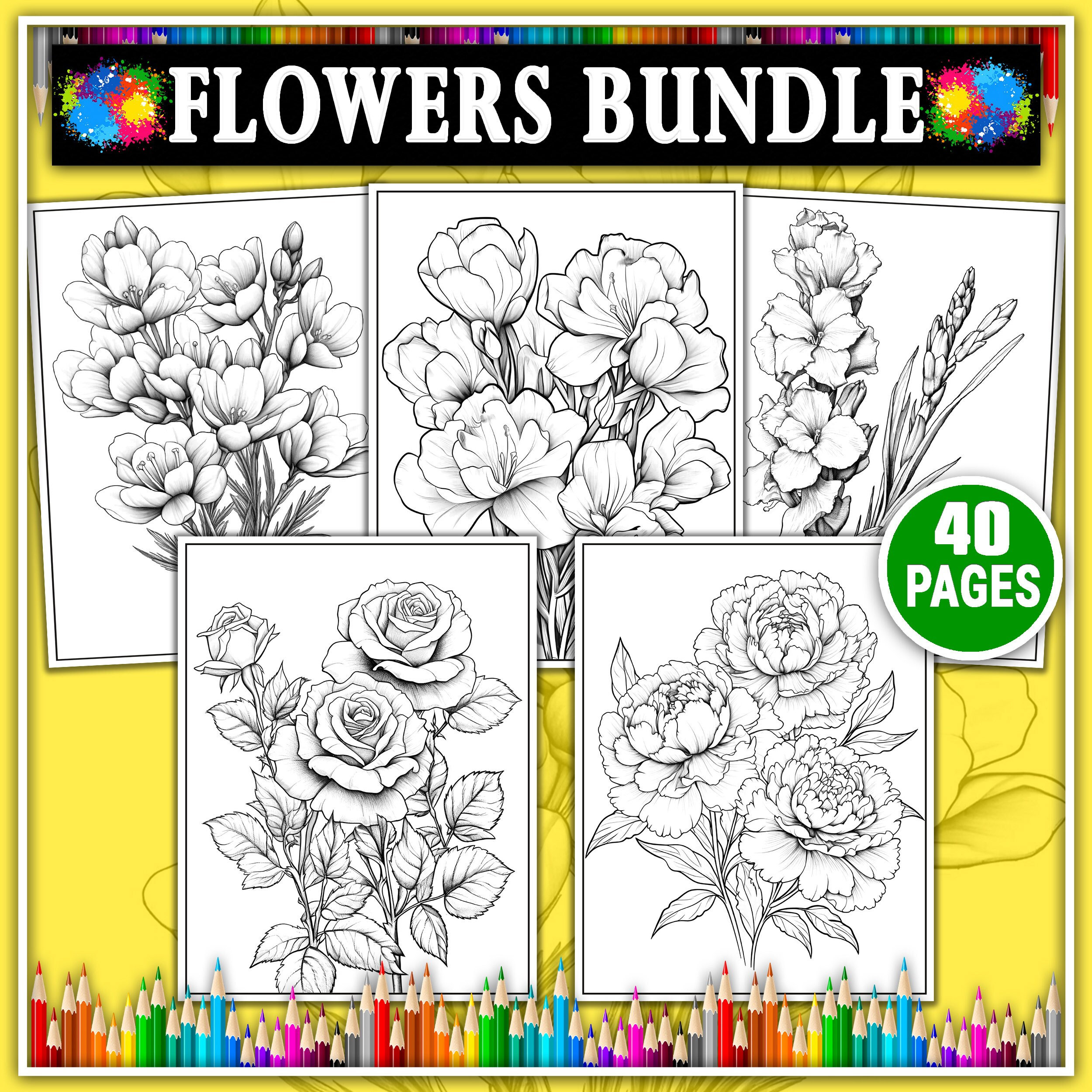 Flower coloring pages printable floral coloring book grayscale coloring sheets coloring pages for kids adults instant download pdf