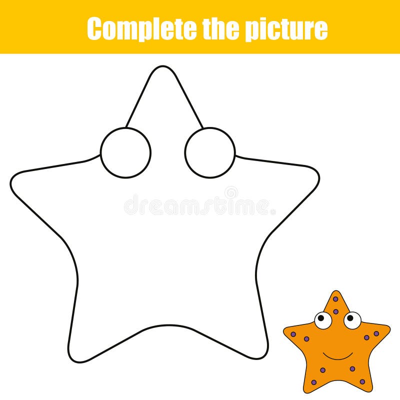 Plete the picture children educational game coloring page kids activity sheet with starfish stock vector