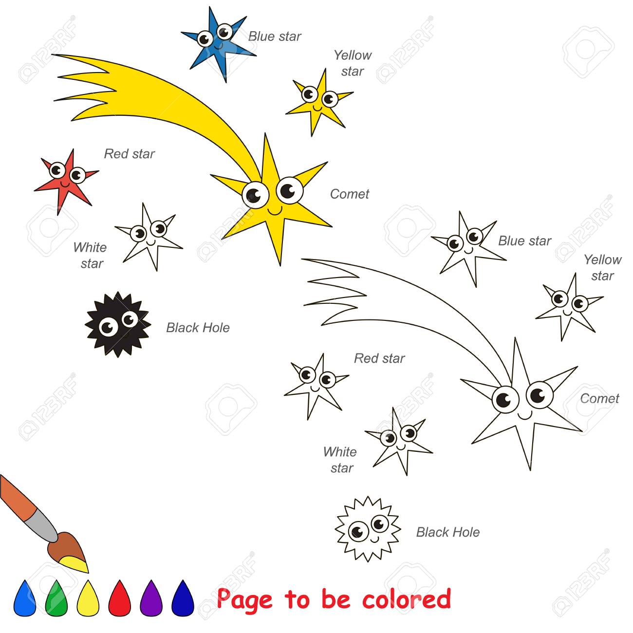 Flying et and red and white star and blue and yellow star black hole to be colored the coloring book for preschool kids with easy educational gaming level royalty free svg cliparts