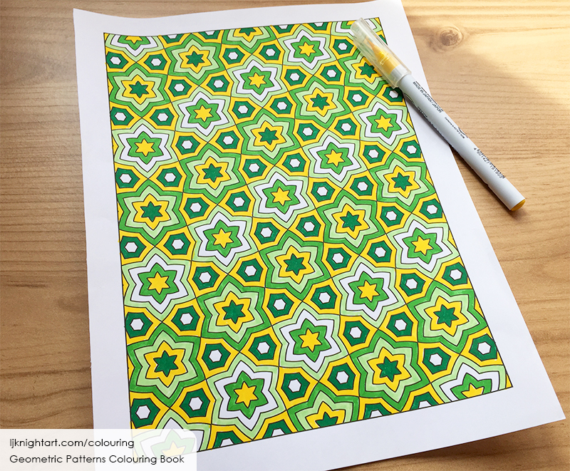 Green and yellow geometric star pattern colouring page lj knight art