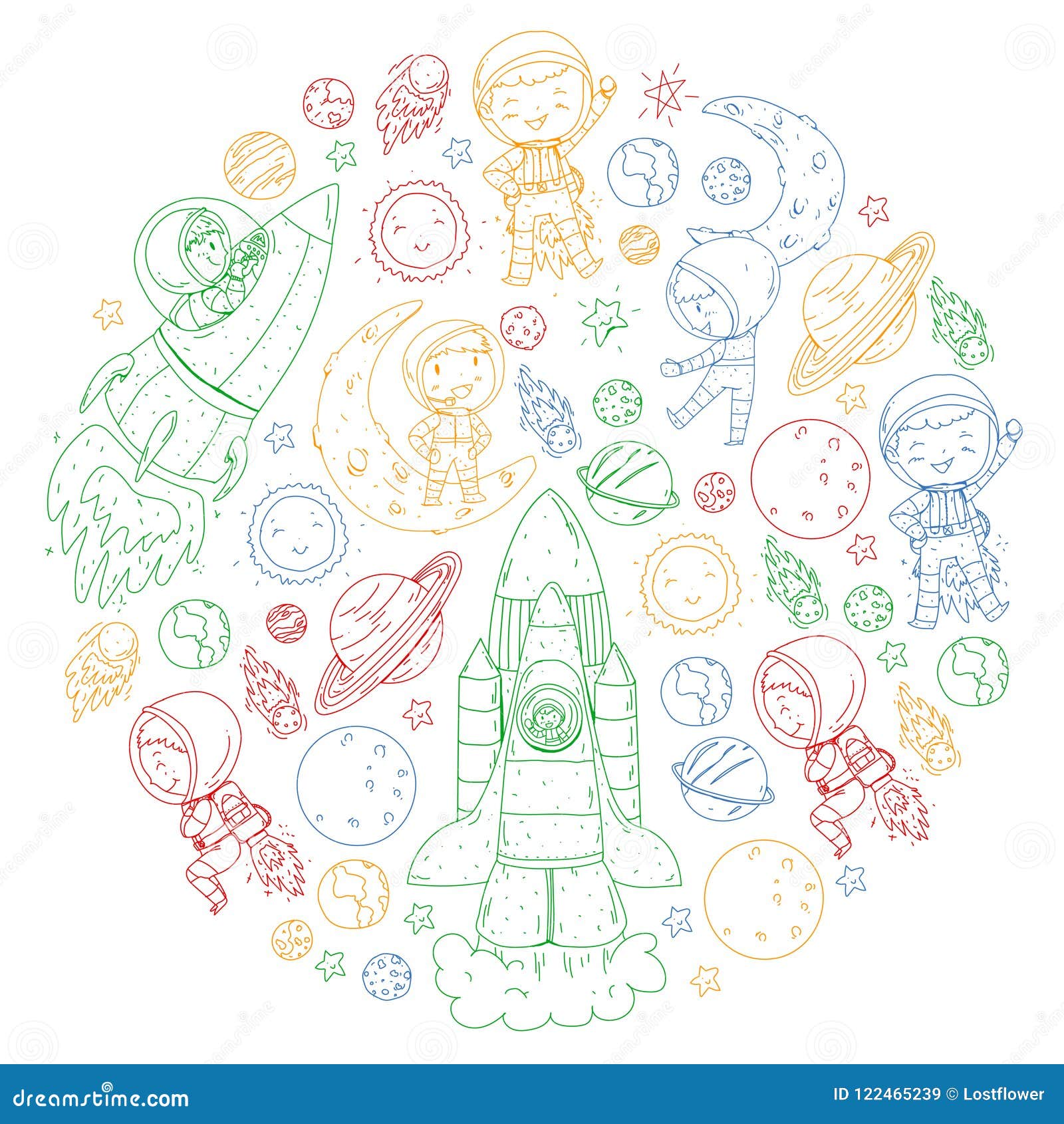 Space for children coloring page book kids and cosmos exploration adventures planets stars earth and moon stock vector