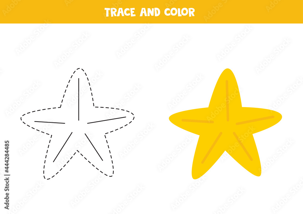 Trace and color cute yellow sea star worksheet for kids vector